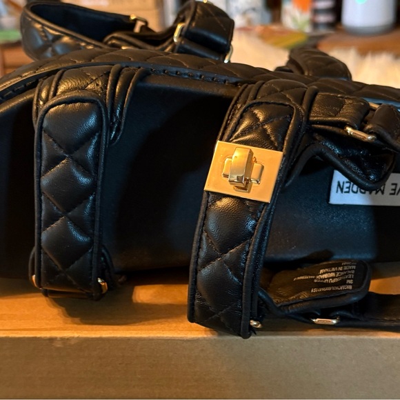 Steve Madden Quilted Black Sandals with Gold Toggle Accent - Picture 2 of 5